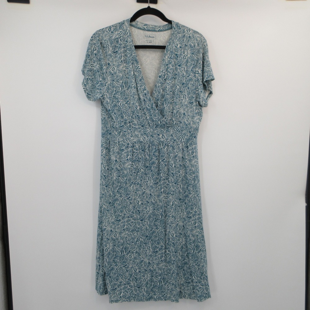 LL Bean Blue White Leaf Print Faux Wrap Dress Short Sleeve Petite Large 506813